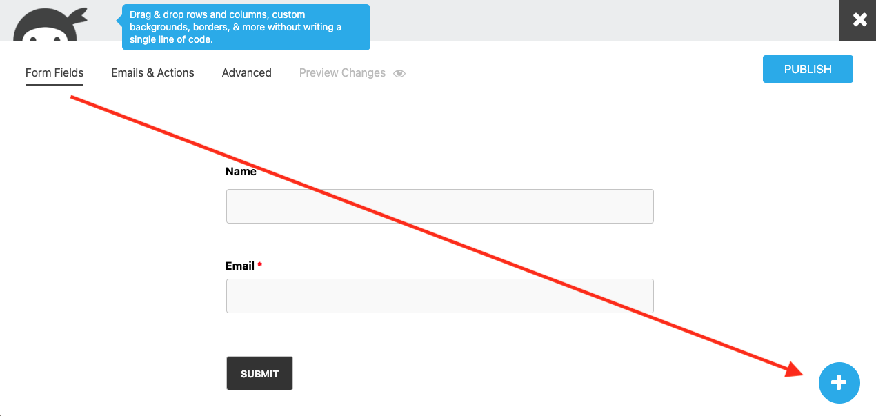 image of the add new field button at the bottom right corner of the Form Fields screen. This button opens the new field window
